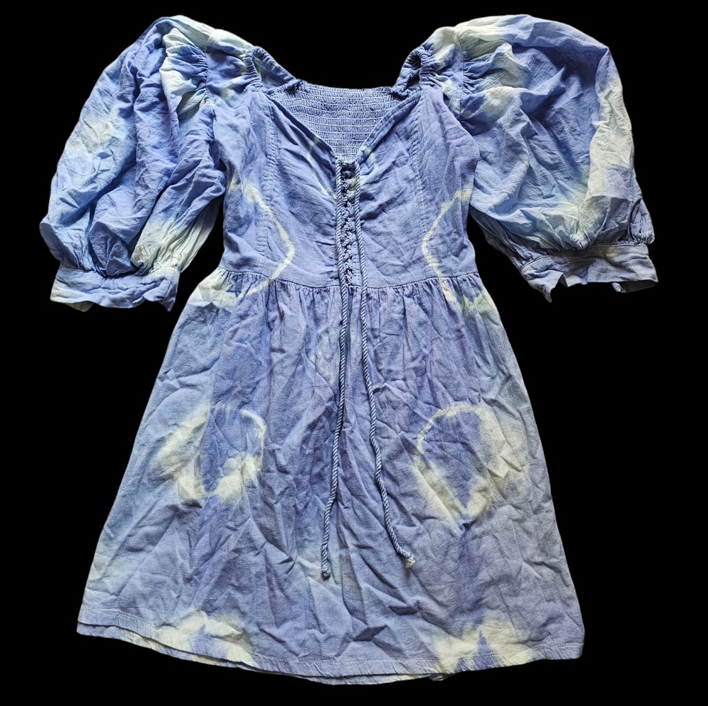 Jen's Pirate Booty Purple Tie Dye Laced up  Boho Cottagecore Puff Cotton Dress S
